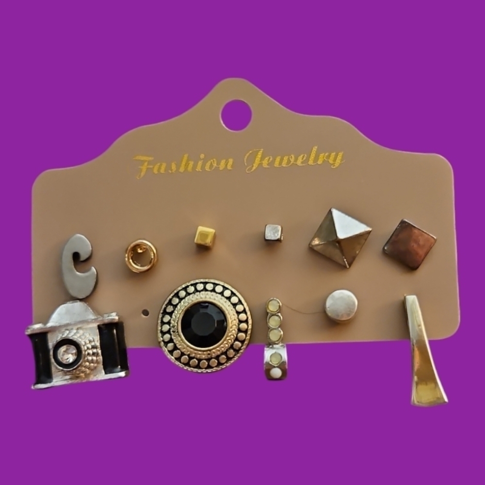 Vintage Assorted Single Metal Geometric Camera Post Earrings